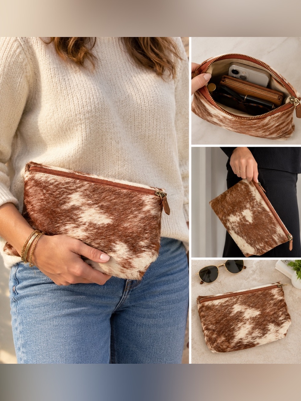 Brown and White Cowhide Zip Pouch